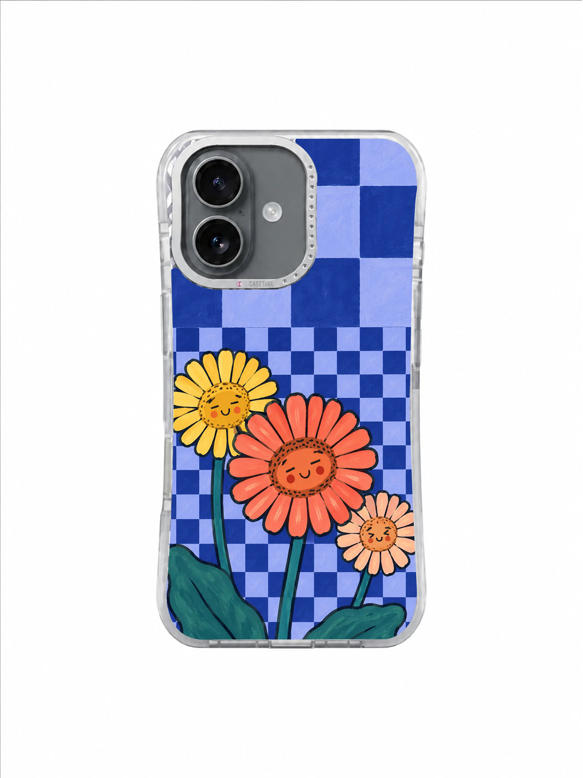 Three Gerberas One Good Day Blue Check Garden artwork iPhone 17 Case