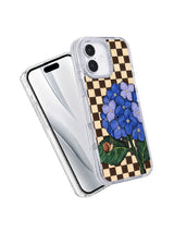 Angled front-and-back product view of the blue hydrangea and snail iPhone 17 case.