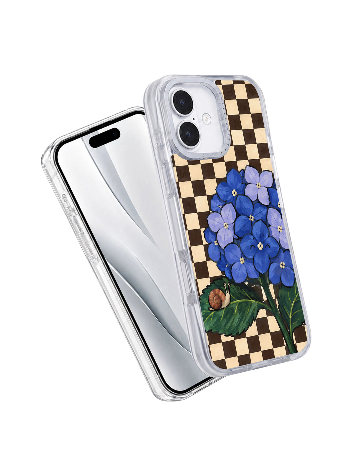 Angled front-and-back product view of the blue hydrangea and snail iPhone 17 case.