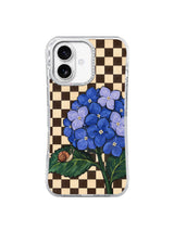 Front product view of the Blue Hydrangea Listener artwork on a clear-edged iPhone 17 case.