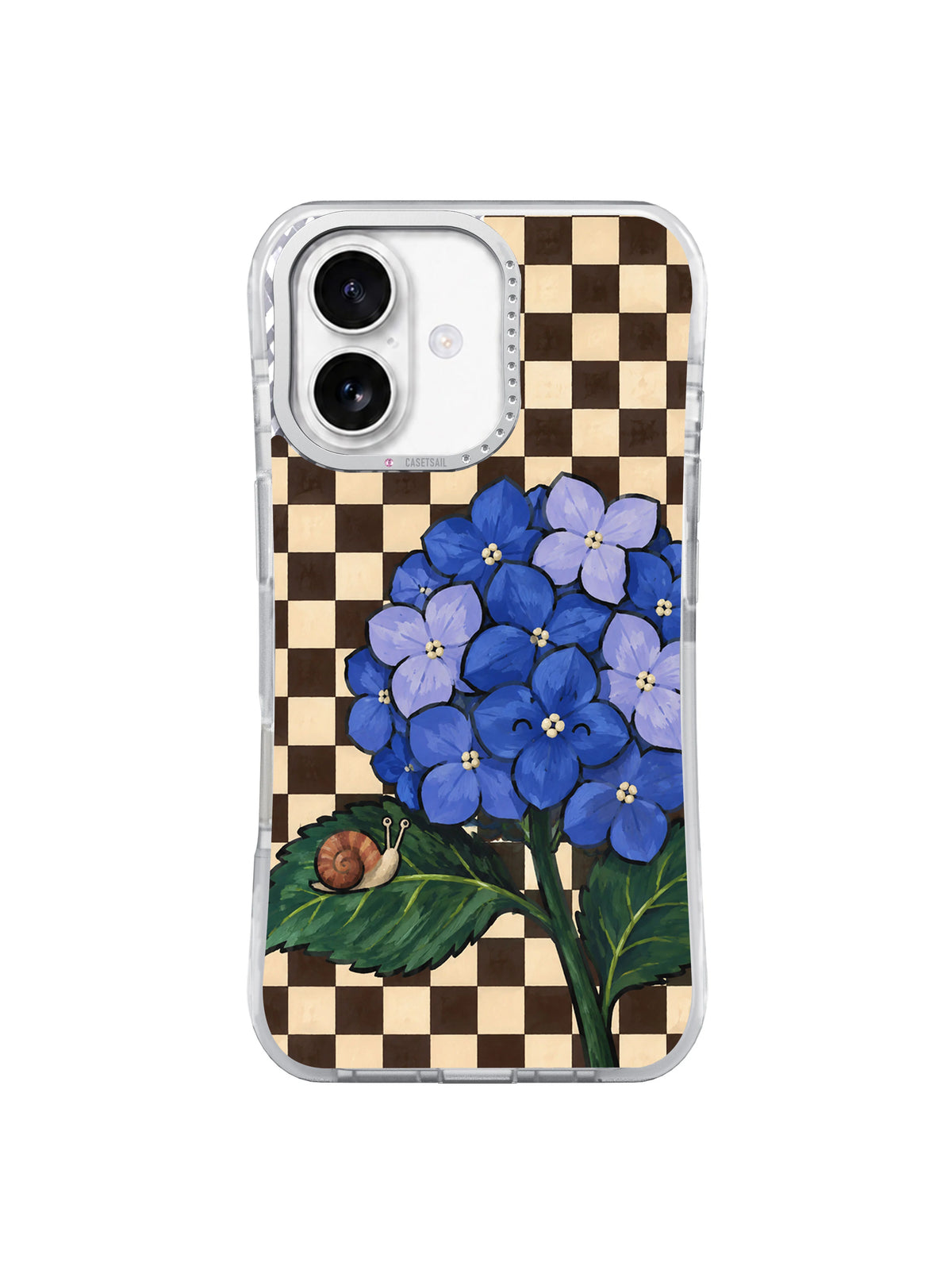 Front product view of the Blue Hydrangea Listener artwork on a clear-edged iPhone 17 case.