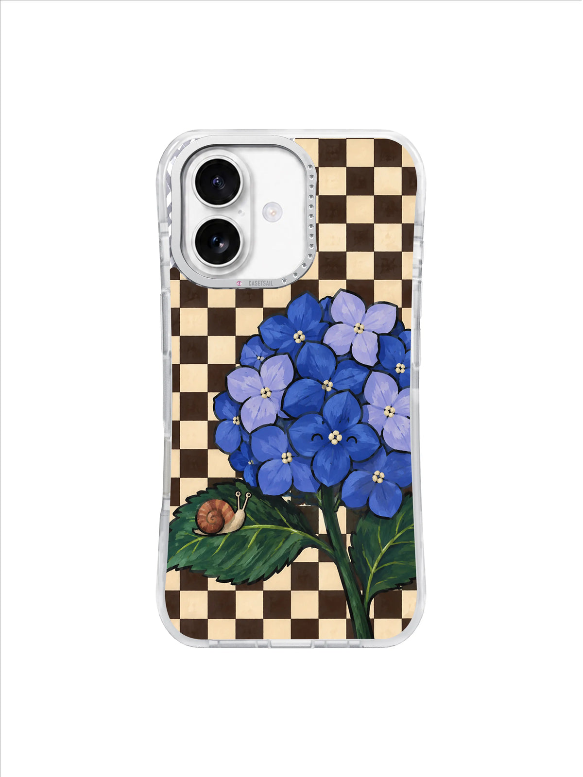 Blue Hydrangea Listener artwork on an iPhone 17 case with ultramarine florets, green leaves, a small terracotta snail and espresso-vanilla checks.