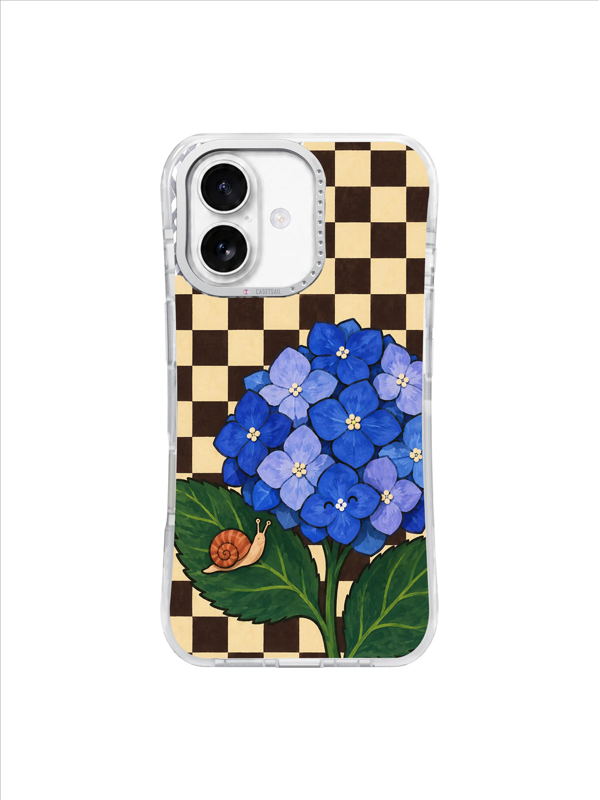 Morning Dew Traveler iPhone 17 case artwork showing a terracotta snail beside clustered blue hydrangeas on espresso and vanilla checks.