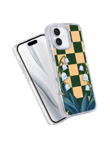 Angled front and back view of the transparent lily of the valley iPhone 17 case