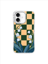 Blue lily of the valley arches on forest green and apricot checks for an iPhone 17 case