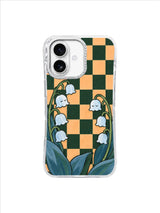 Seven icy blue lily bells forming an open garden gate on a checkerboard iPhone 17 case