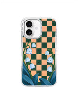 Floral cottagecore iPhone 17 case with pale blue lily bells and green apricot checks