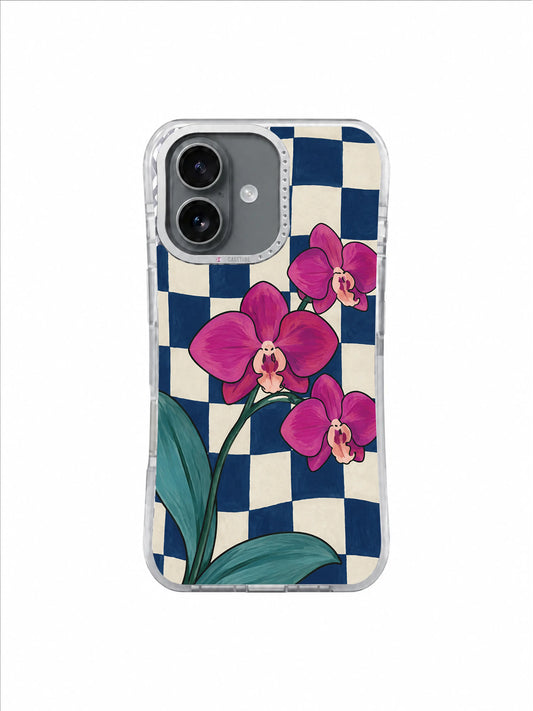 Magenta orchids on navy and pearl checks for an iPhone 17 case