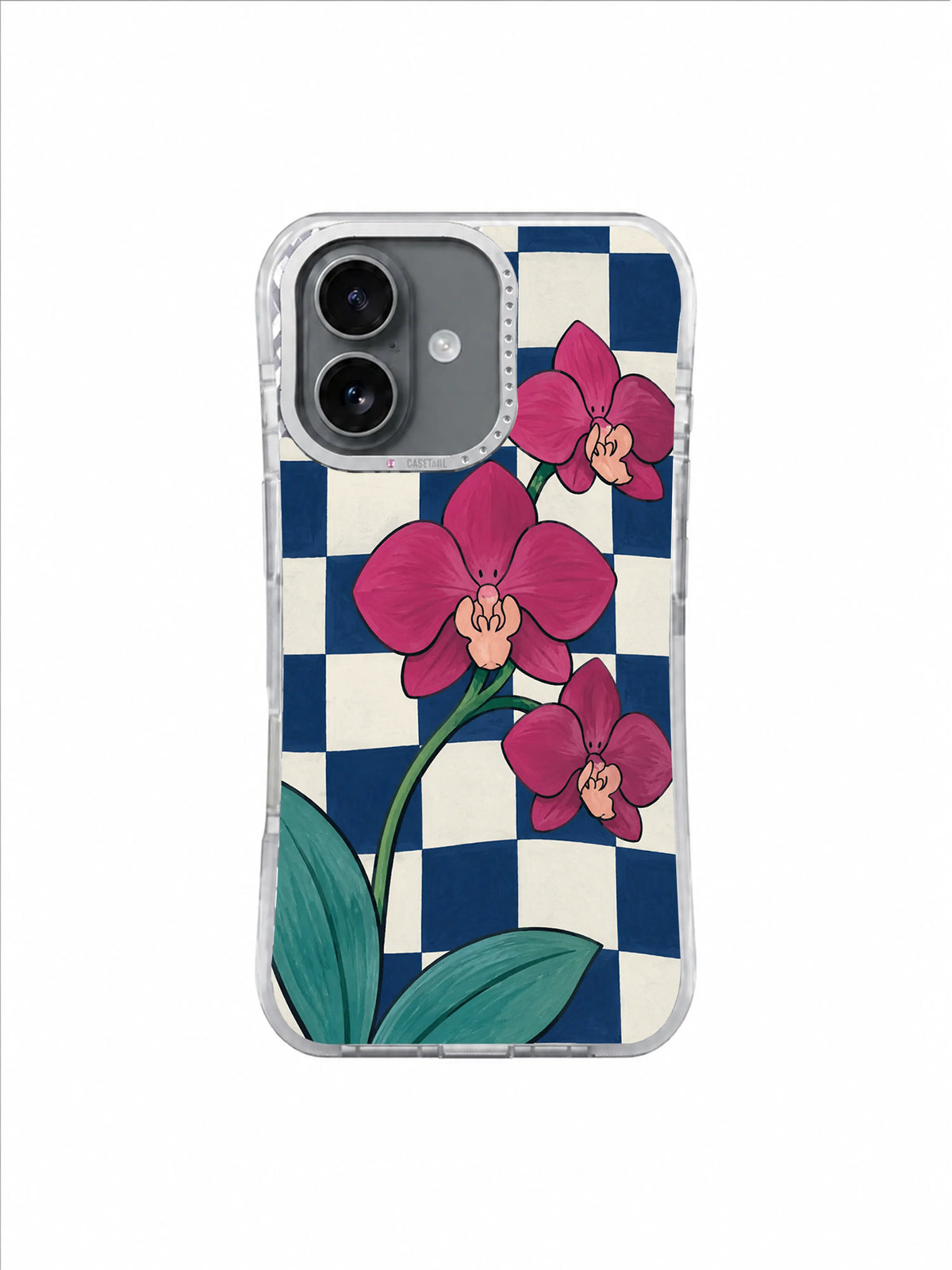 Fuchsia orchid stem arching across deep navy and white checks