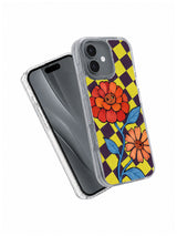 Angled front and back view of the transparent zinnia iPhone 17 case