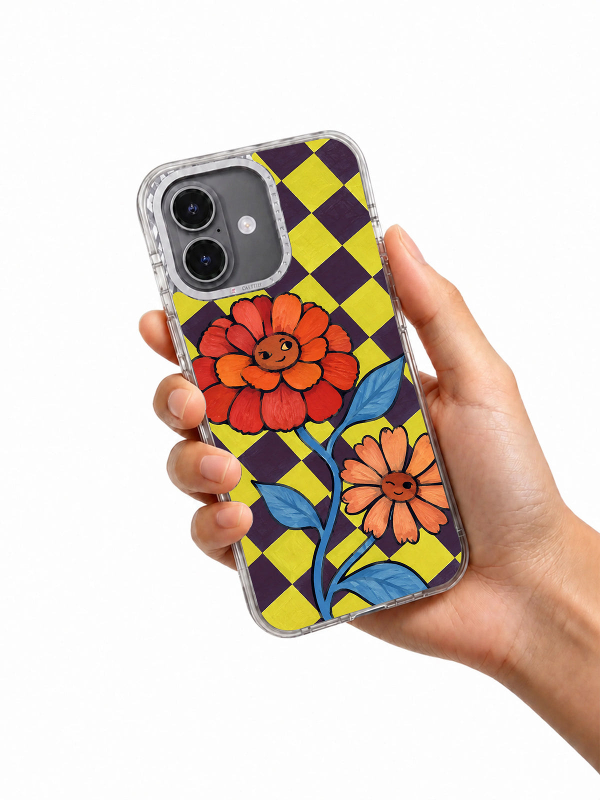 Hand holding the bold zinnia checkerboard iPhone 17 case