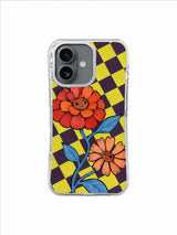 Vermilion and peach zinnias on aubergine and acid yellow checks for an iPhone 17 case