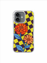 Bold zinnia flowers with sky blue leaves on a rotated checkerboard iPhone 17 case