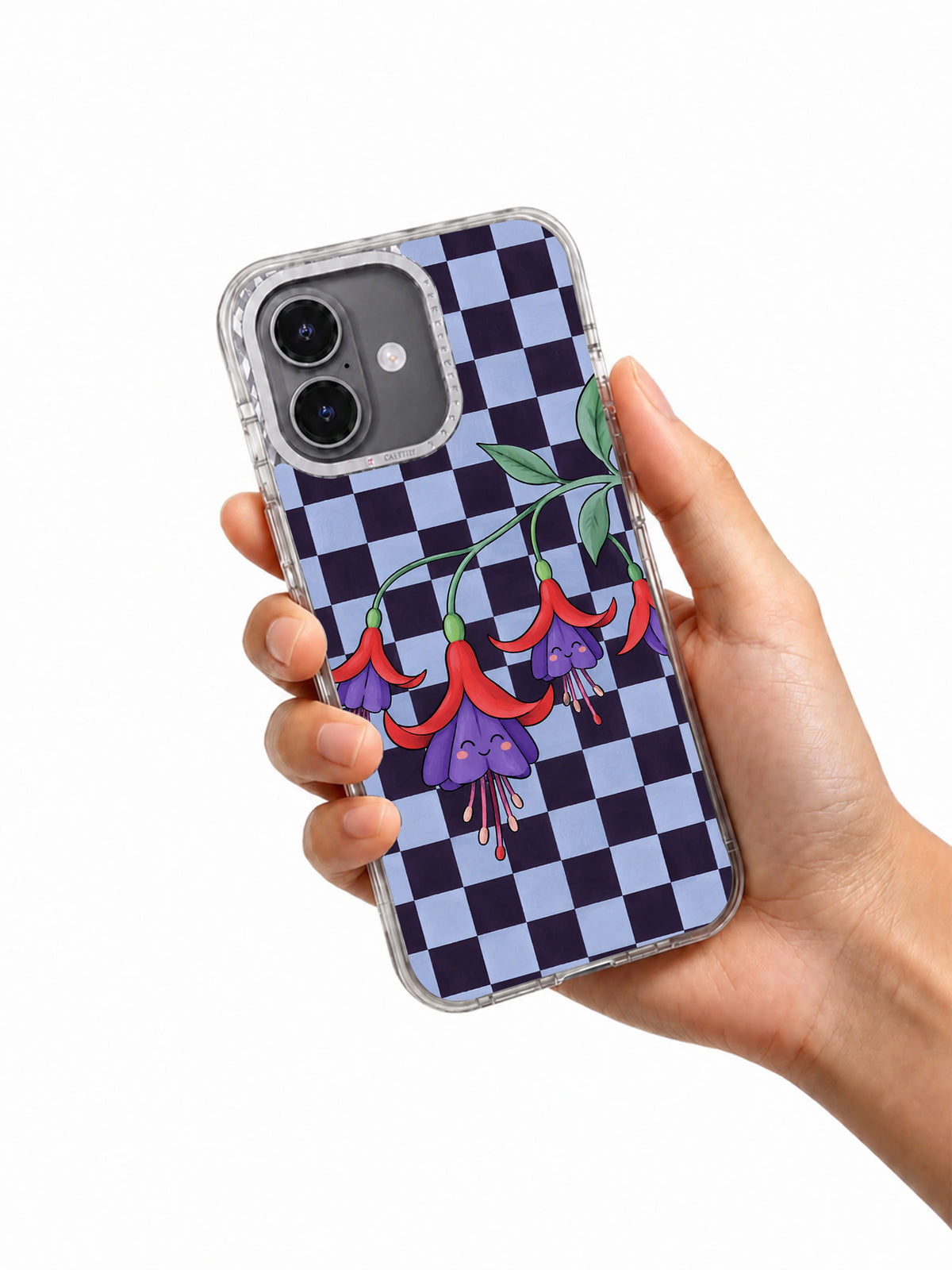 Hand holding the fuchsia flower checkerboard iPhone 17 case