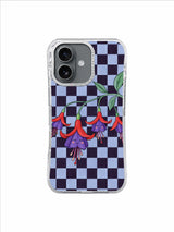 Cherry red and purple fuchsia flowers on blackberry and silver checks for an iPhone 17 case