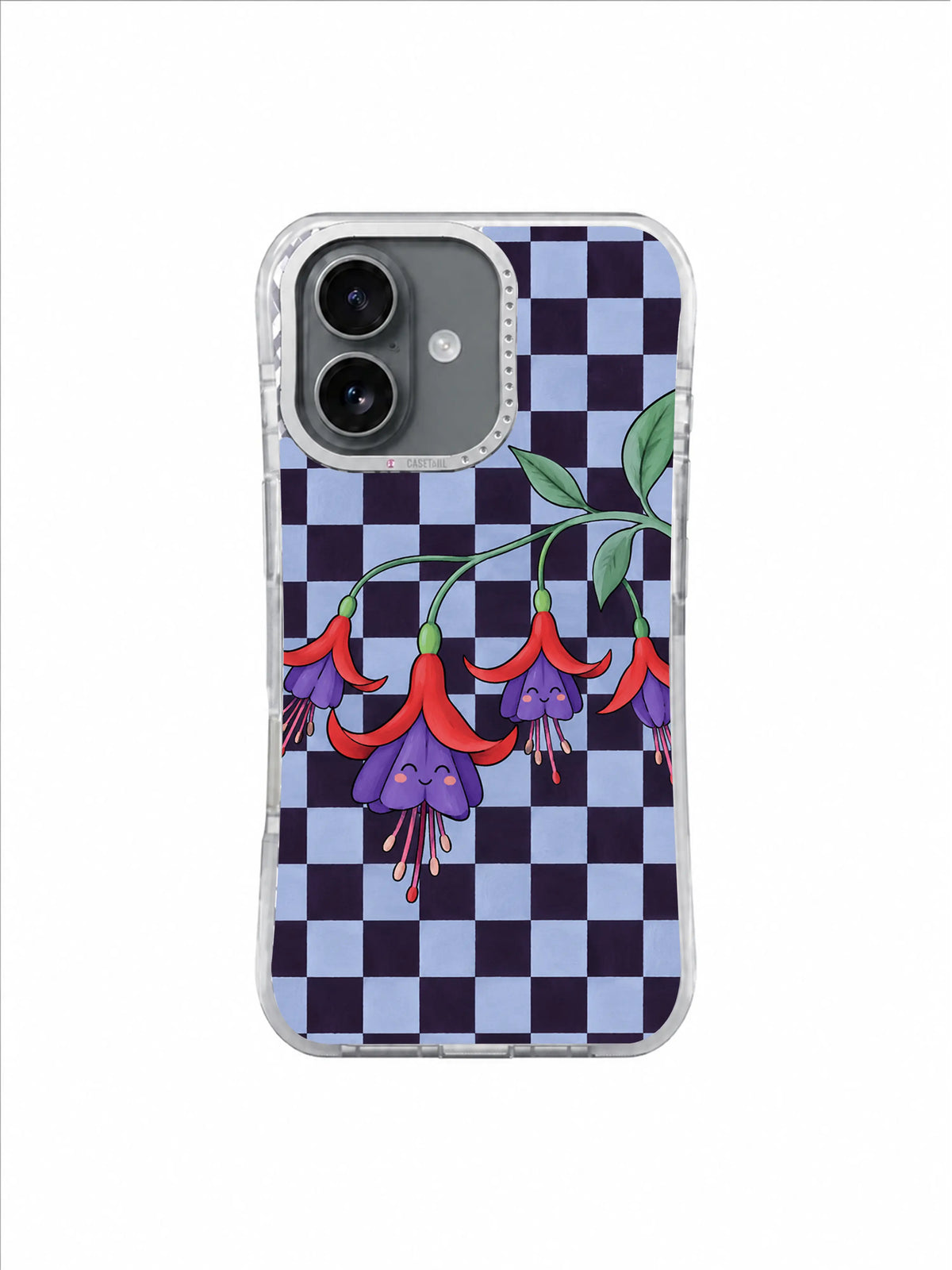 Cherry red and purple fuchsia flowers on blackberry and silver checks for an iPhone 17 case