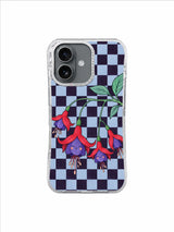 Four pendant fuchsia blooms hanging from a mint branch on a checkerboard iPhone 17 case