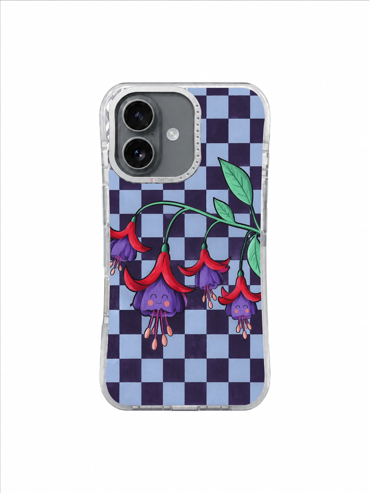 Cute floral iPhone 17 case with fuchsia blooms and silver blue checkerboard