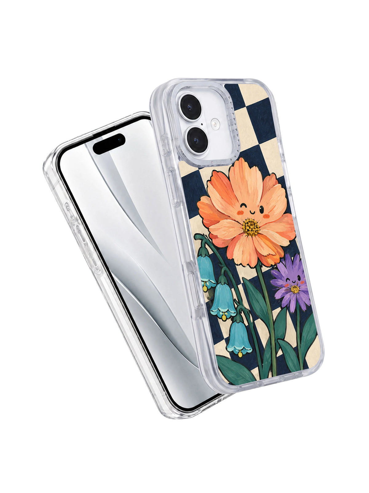 Angled front and back view of the checkerboard garden iPhone 17 case