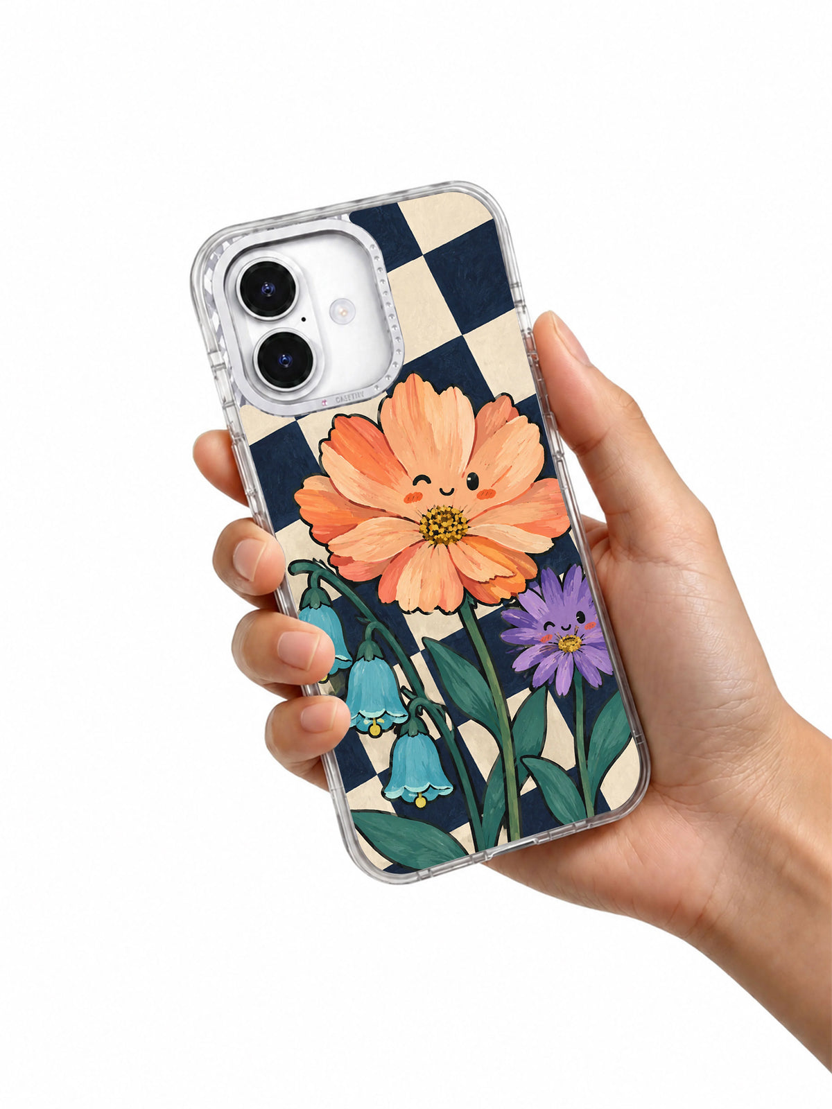 Hand holding an apricot and turquoise floral checkerboard iPhone 17 case