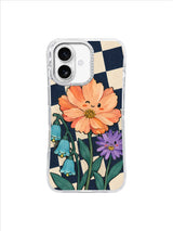 Apricot cosmos, turquoise bellflowers and a violet aster on navy and ivory checks for an iPhone 17 case