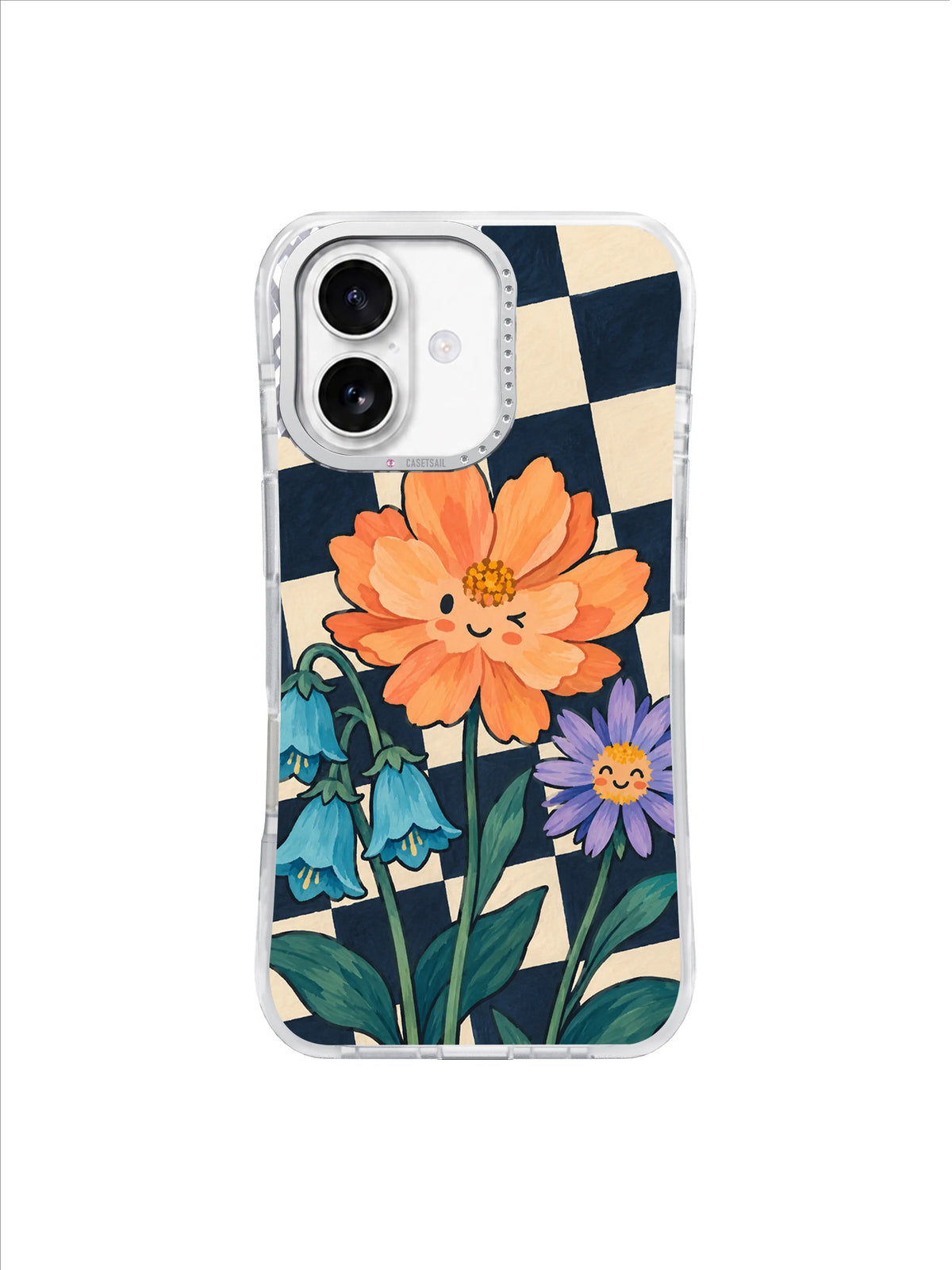 Friendly apricot cosmos and violet star flower rising above broad teal leaves on navy checks