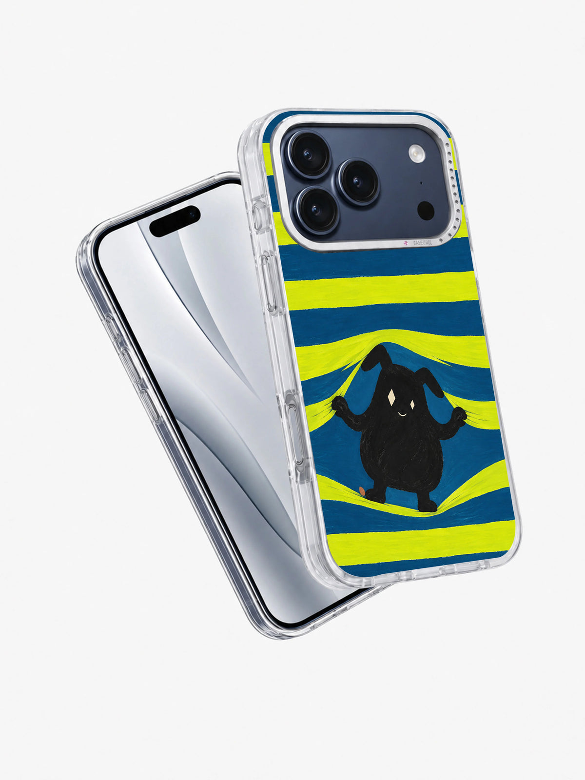 Angled front and back view of the citron striped iPhone 17 Pro case