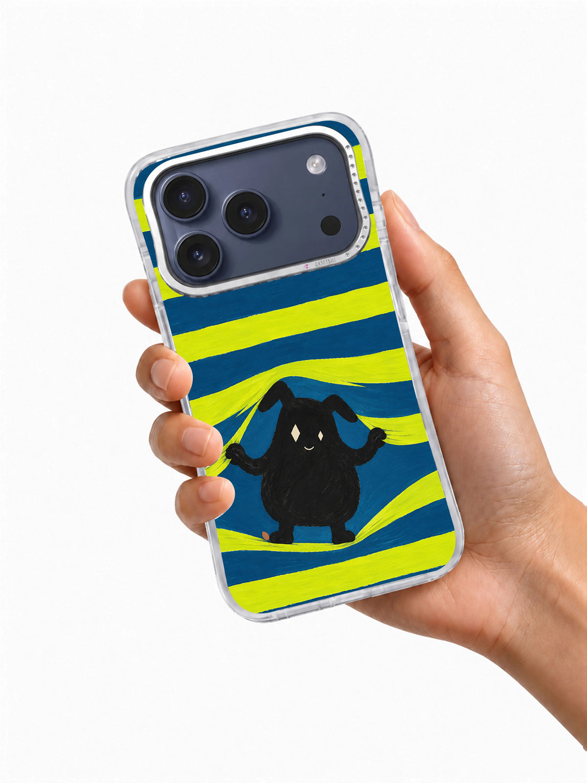 Hand holding The First Gap striped creature iPhone 17 Pro case