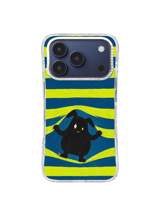 Black folded-ear creature opening a diamond gap in citron and petroleum stripes on an iPhone 17 Pro case