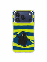 Small charcoal creature pushing apart yellow-green and deep blue painted bands