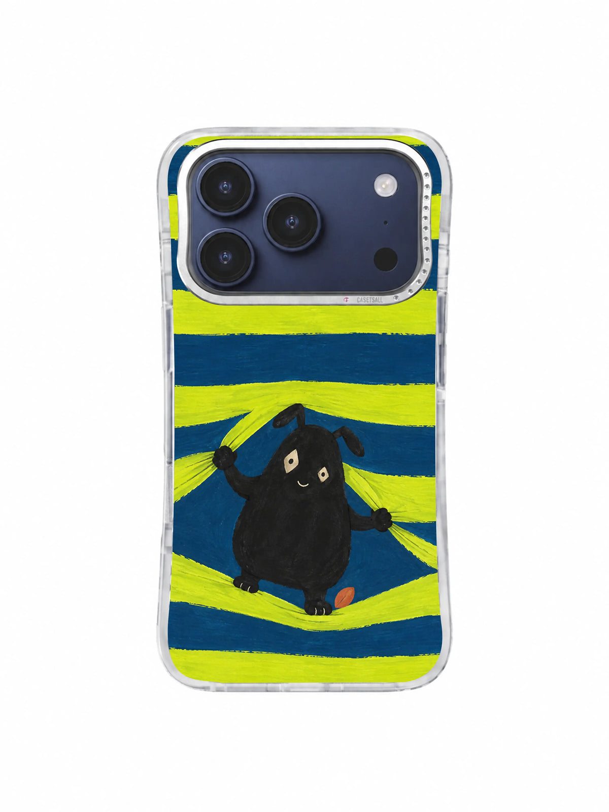 Small charcoal creature pushing apart yellow-green and deep blue painted bands