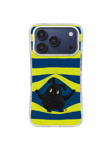 Cute black creature framed by a broad diamond-shaped opening in horizontal stripes
