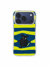 Petroleum blue and citron stripes bending around a dark pear-shaped creature