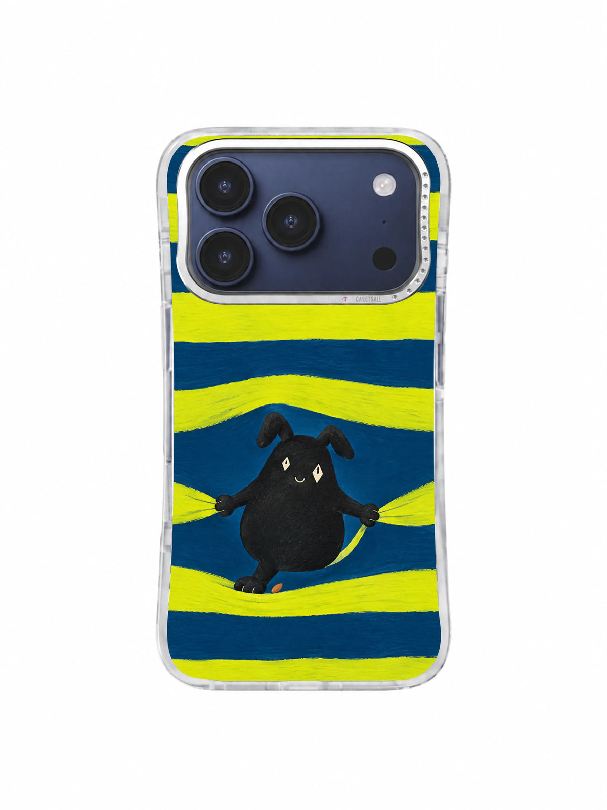 Petroleum blue and citron stripes bending around a dark pear-shaped creature
