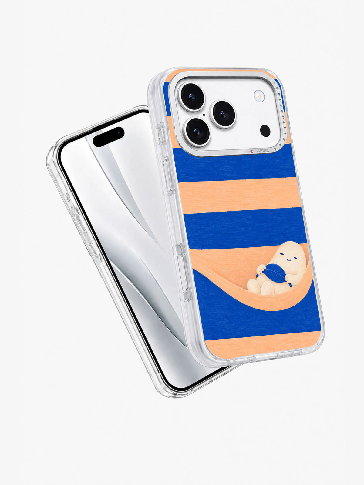 Angled front and back view of the apricot and cobalt iPhone 17 Pro case