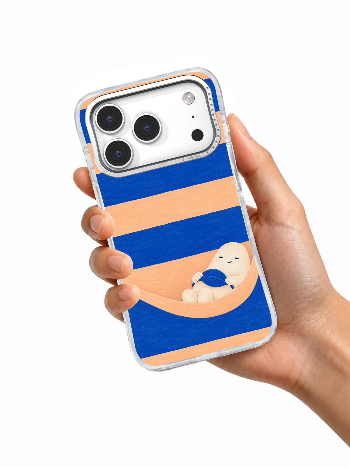 Hand holding A Pocket of Apricot striped iPhone 17 Pro case