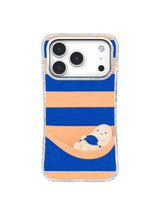 Warm ivory creature resting in an apricot hammock between cobalt stripes on an iPhone 17 Pro case