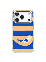 Capsule-shaped creature reclining under a cobalt leaf in a sagging apricot band