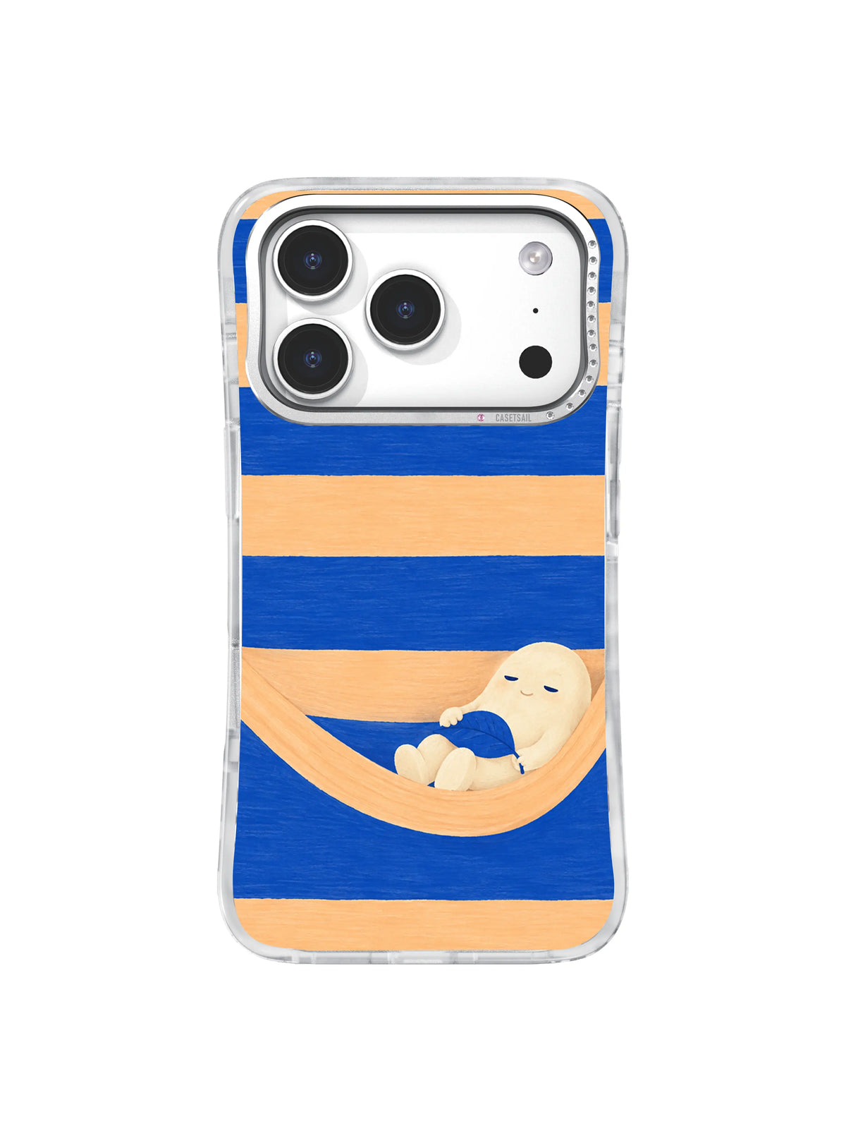 Capsule-shaped creature reclining under a cobalt leaf in a sagging apricot band