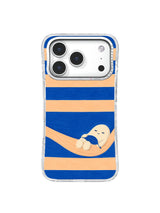 Broad apricot U-shaped hammock interrupting blue and peach horizontal stripes