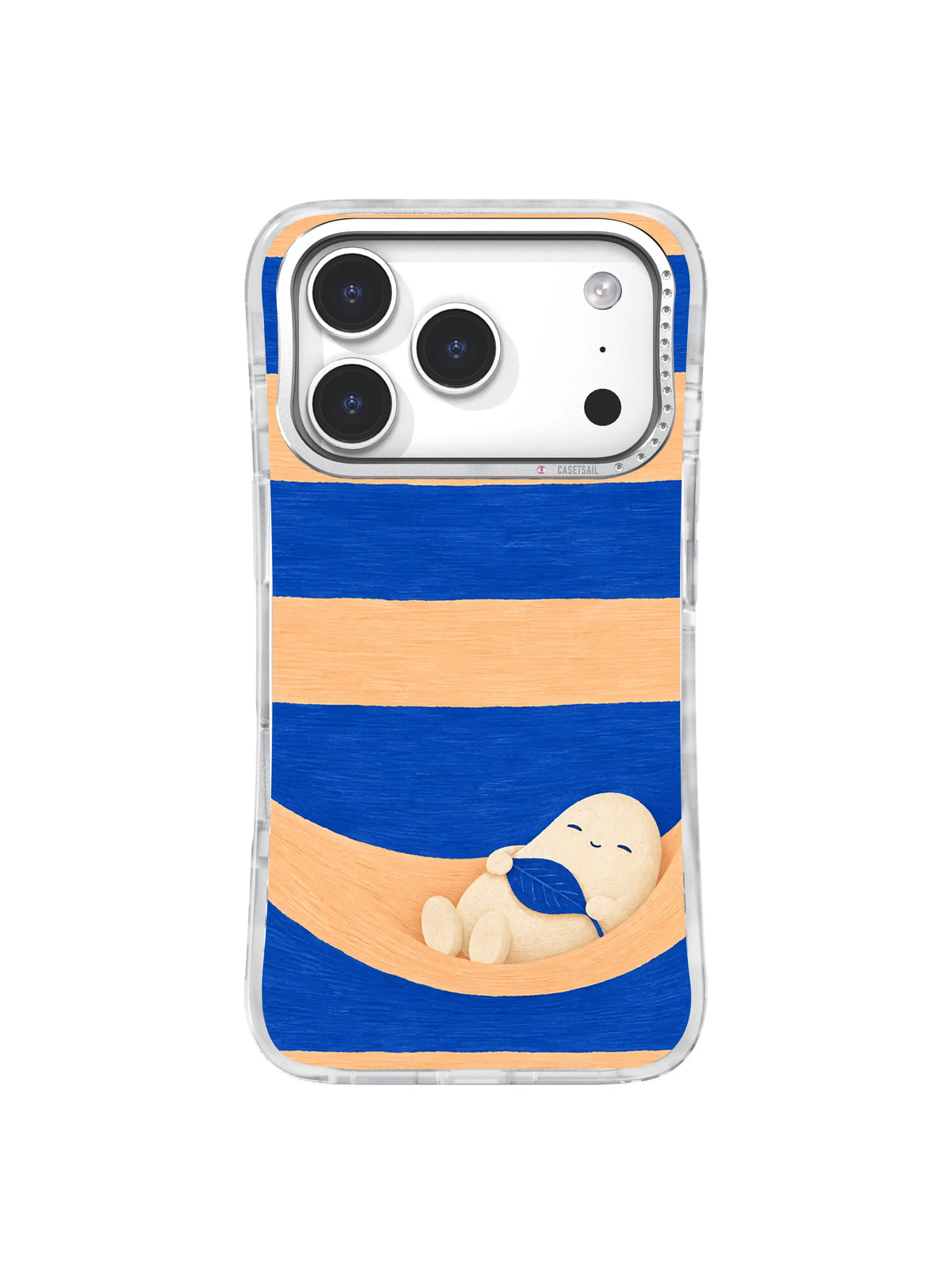 Sleepy warm ivory character resting at the lower right of a striped phone case