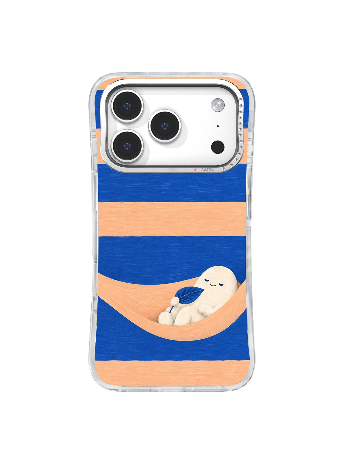 Cobalt and pale apricot bands forming a quiet nest around a small resting creature