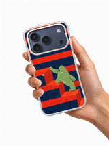 Hand holding The Crooked Stairway striped iPhone 17 Pro case
