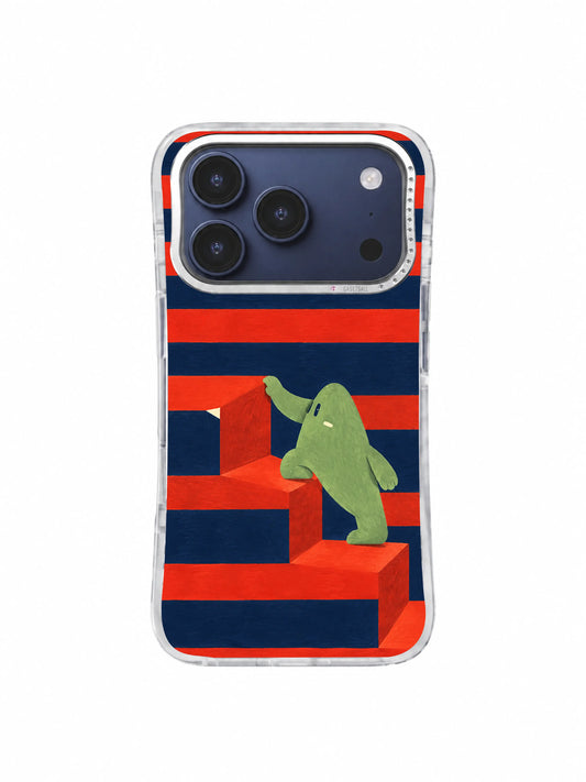 Pale moss creature climbing crooked vermilion steps across midnight navy stripes on an iPhone 17 Pro case