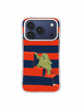 Green stair climber pausing on layered red bands against a navy striped phone case