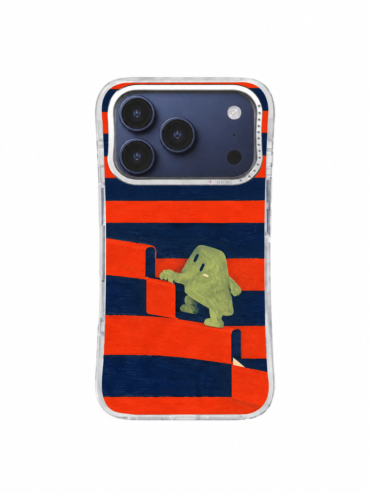 Cute pale moss creature gripping a folded red step in a geometric striped composition