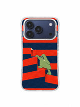 Staggered vermilion staircase leading through midnight blue bands on an iPhone 17 Pro case