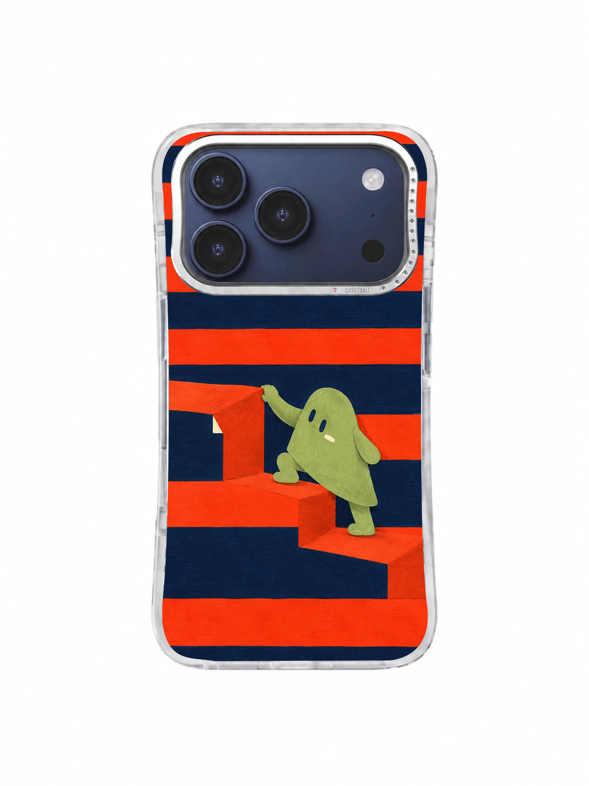 Small green character climbing a handmade red stairway across dark navy stripes