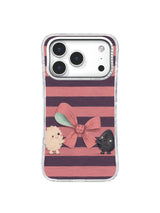 Ivory and charcoal creatures tying a dusty rose bow across deep plum stripes on an iPhone 17 Pro case