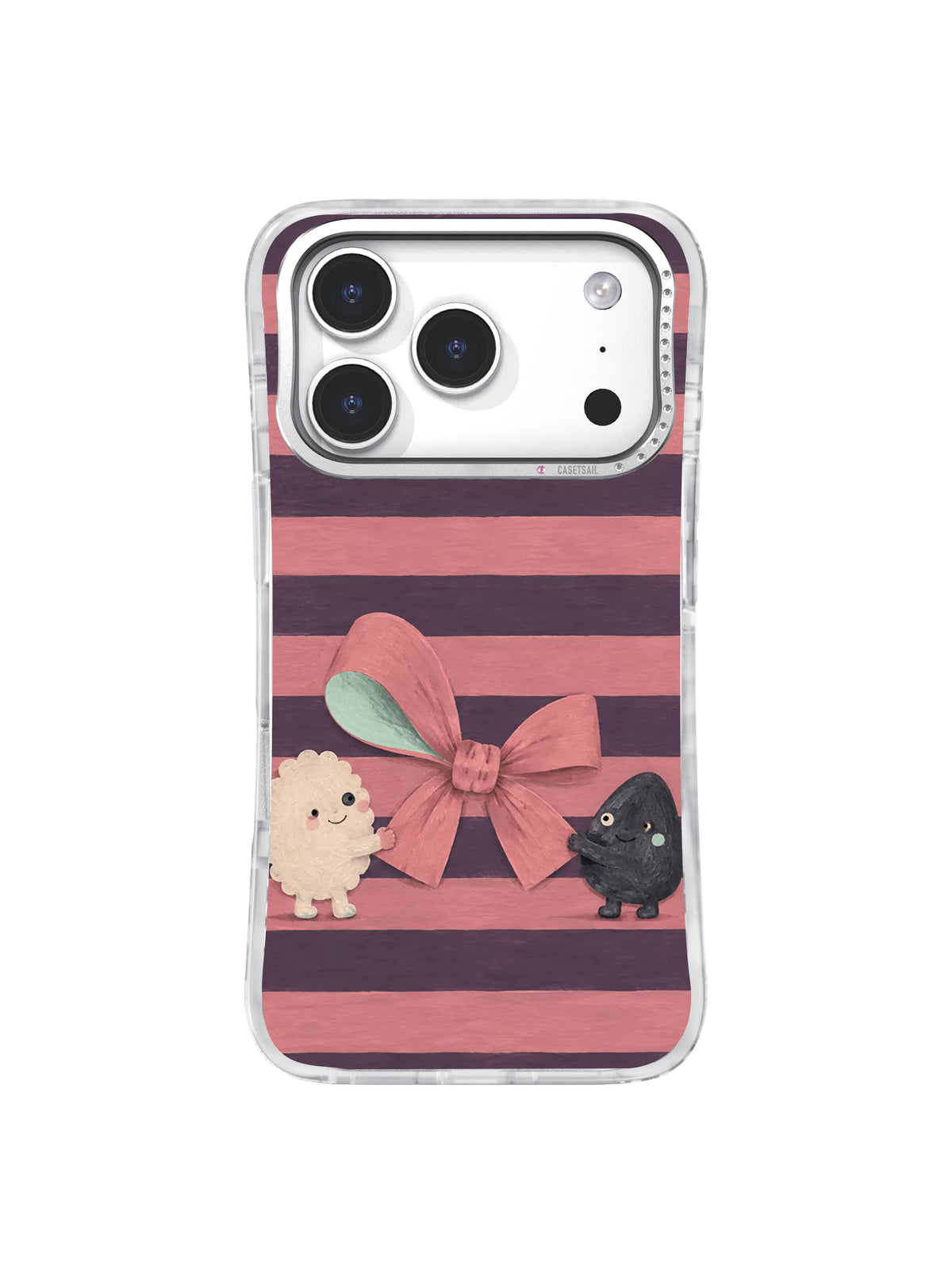 Ivory and charcoal creatures tying a dusty rose bow across deep plum stripes on an iPhone 17 Pro case